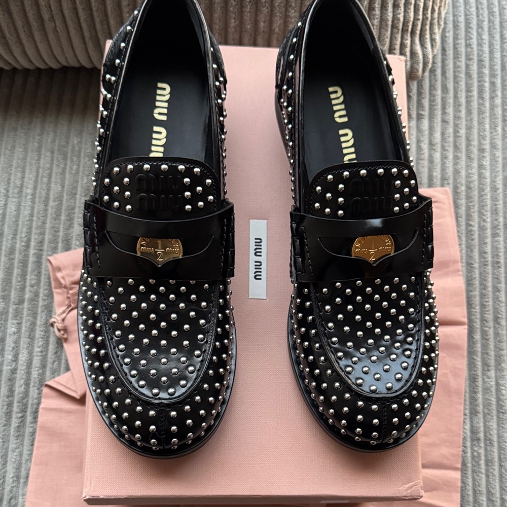 Authentic 💯 Miu Miu studded penny loafers black silver gold size 40